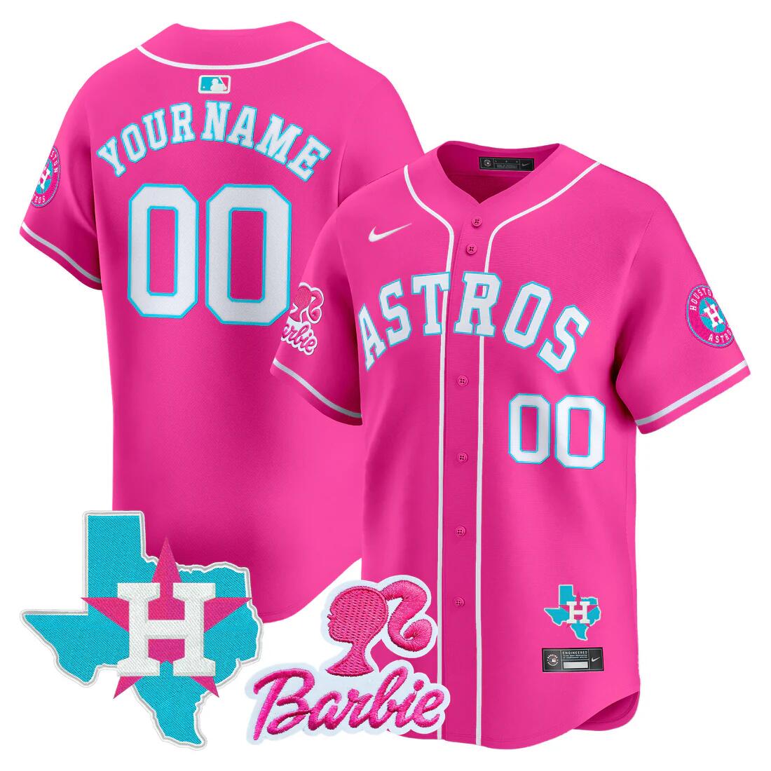 Men's Houston Astros ACTIVE PLAYER Custom Pink Barbie Patch Vapor Premier Limited Cool Base Stitched Baseball Jersey Men's Houston Astros ACTIVE PLAYER Custom Pink Barbie Patch Vapor Premier Limited Cool Base Stitched Baseball Jersey